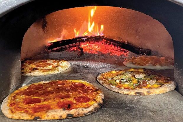 Log home wood fired pizza